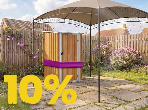 Wooden garden storage shed under a gazebo on a sunny patio, surrounded by flowers and fence, featuring a 10% spring promotion banner.