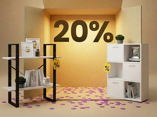 Black metal and light wood shelving with white cube storage units displayed in a box setting, promoting a 20% discount on storage furniture.