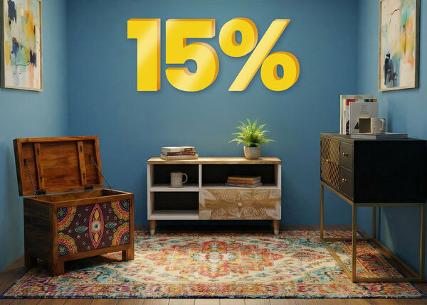 Banner image featuring a "15%" discount in large yellow 3D numbers above a modern room display with a patterned rug, a storage chest, and a sideboard against blue walls. Click to see the products in the collection.