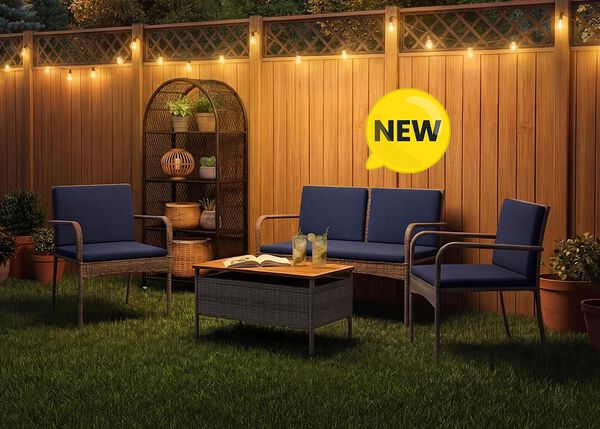 New rattan garden furniture set with navy blue cushions including a loveseat, two armchairs and a storage coffee table on a lawn, NEW badge displayed