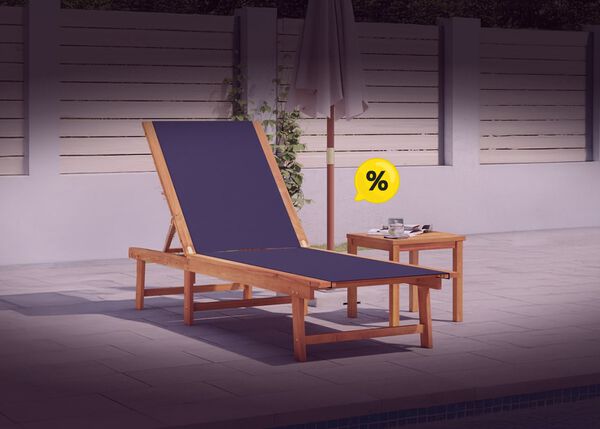 Wooden sun lounger with matching table and closed umbrella on a patio, with yellow discount icons. Click to see the products in the offer.