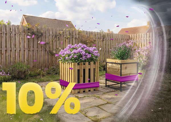 Wooden garden planters filled with blooming purple flowers on a sunny patio, with 10% discount spring promotion banner and decorative garden setting.
