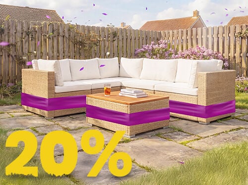Rattan outdoor corner sofa set with beige cushions and wooden coffee table on a sunny garden patio, surrounded by flowers and wooden fence, featuring a 20% spring promotion banner.