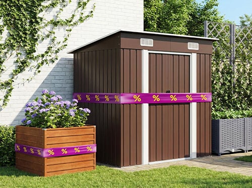 Brown wooden garden shed and planter with purple flowers on green patio, wrapped in purple-yellow discount ribbons. Click to see the products in the offer.