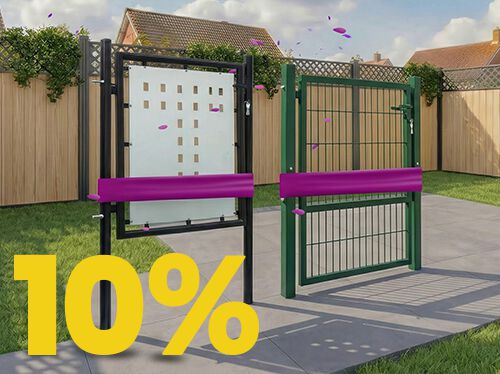 Modern metal garden gates and fence panels on a sunny patio, set against a wooden fence with blooming flowers, featuring a 10% spring promotion banner.