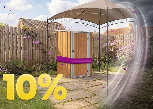 Wooden garden storage shed under a gazebo on a sunny patio, surrounded by flowers and fence, featuring a 10% spring promotion banner.