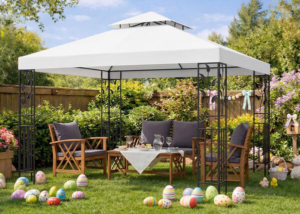 "Outdoor garden furniture set under a white gazebo, with wooden chairs and table arranged for Easter gathering, colourful Easter eggs scattered on green lawn, blooming flowers and spring decorations in sunny backyard. "