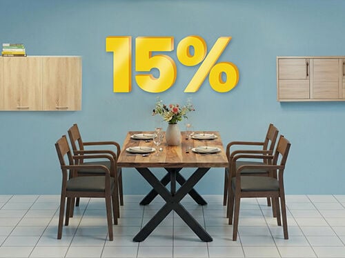 Banner image featuring a "15%" discount in large yellow 3D numbers above a modern dining room with a wooden table, four chairs, and a wall-mounted cabinet. Click to see the products in the collection.