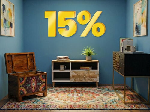 Banner image featuring a "15%" discount in large yellow 3D numbers above a modern room display with a patterned rug, a storage chest, and a sideboard against blue walls. Click to see the products in the collection.