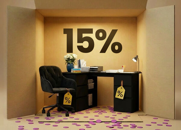 Home office furniture with a black desk, black drawer unit and black office chair styled in a box scene, showcasing a 15% discount on office furniture.