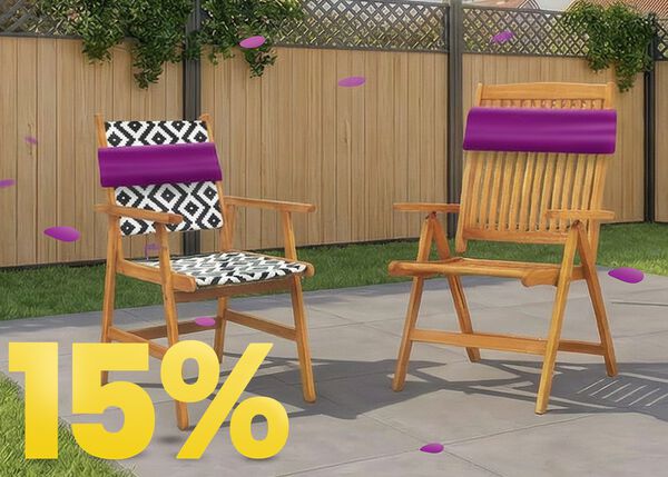 Wooden outdoor garden chairs on a sunny patio with decorative cushions, set against a wooden fence and flowers, featuring a 15% spring promotion banner.