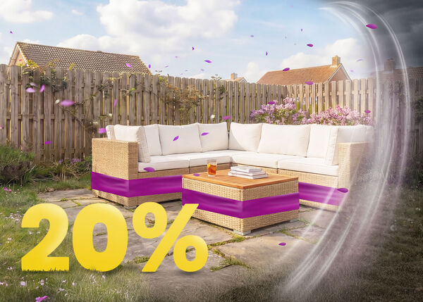 Rattan outdoor corner sofa set with beige cushions and wooden coffee table on a sunny garden patio, surrounded by flowers and wooden fence, featuring a 20% spring promotion banner.