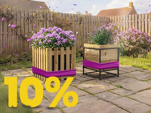 Wooden garden planters filled with blooming purple flowers on a sunny patio, with 10% discount spring promotion banner and decorative garden setting.