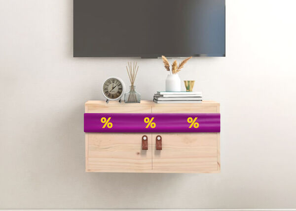 Wooden floating cabinet with purple ribbon showing discount icons, in a styled living room.