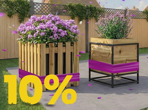 Wooden garden planters filled with blooming purple flowers on a sunny patio, with 10% discount spring promotion banner and decorative garden setting.