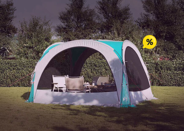 Tent in a green outdoor setting with yellow discount icons. Click to see the products in the offer.