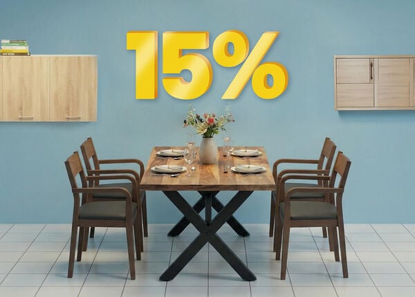 Banner image featuring a "15%" discount in large yellow 3D numbers above a modern dining room with a wooden table, four chairs, and a wall-mounted cabinet. Click to see the products in the collection.
