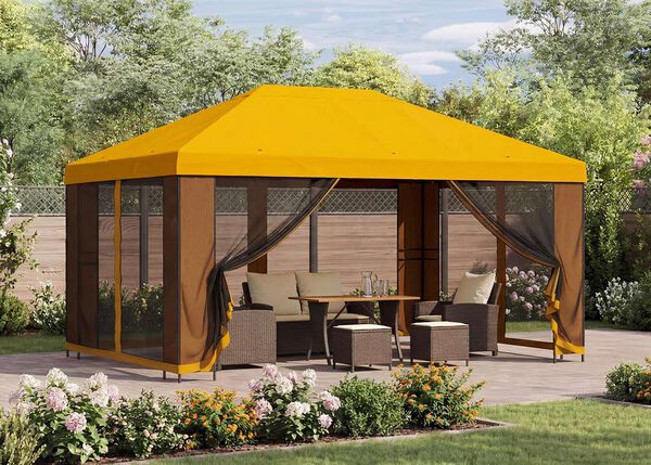 Large orange garden gazebo with mesh curtains, covering a dining table and chairs on a patio, surrounded by flowers and greenery in bright daylight.