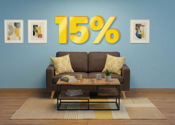 Banner image featuring a "15%" discount in large yellow 3D numbers above a modern living room with a brown sofa, yellow pillows, a wooden coffee table, and three framed pictures on a blue wall. Click to see the products in the collection.