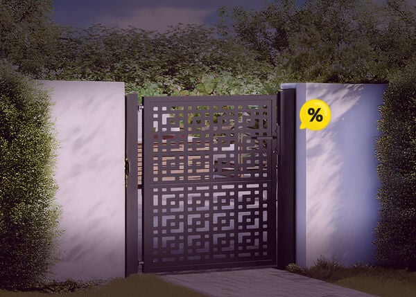 Brick garden fence with a black iron gate and yellow discount icons. Click to see the products in the offer.