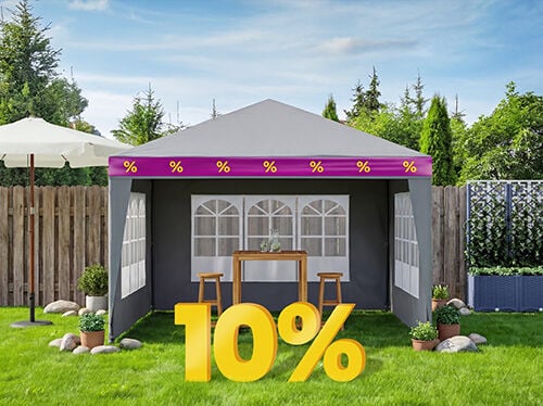 Party tent wrapped in purple-yellow ribbon, with wooden table and 2 stools inside, umbrella, trellis planter and potted plants in garden against wooden fence, with a big 10% discount in front. Click to see the products in the offer.