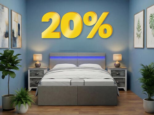 Banner image featuring a "20%" discount in large yellow 3D numbers above a modern bedroom display with a grey bed, blue walls, and bedside plants. Click to see the products in the collection.