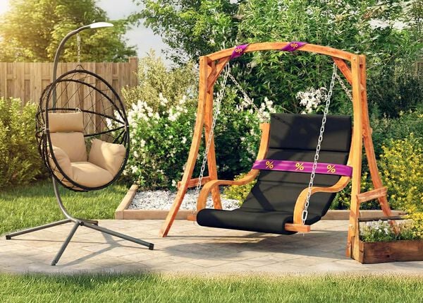 Wooden swing bed wrapped in purple-yellow discount ribbon and a metal hanging egg chair on a patio, flowers and greenery behind.