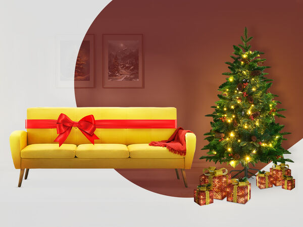 A festive scene featuring a bright yellow sofa tied with a large red bow, as if it's a gift. To the right, a decorated Christmas tree twinkles with lights, and several wrapped presents sit at its base. The background is a warm brown with two framed pictures on the wall, and the entire scene is partially overlaid by a curved white section on the left, creating a modern, stylized look.