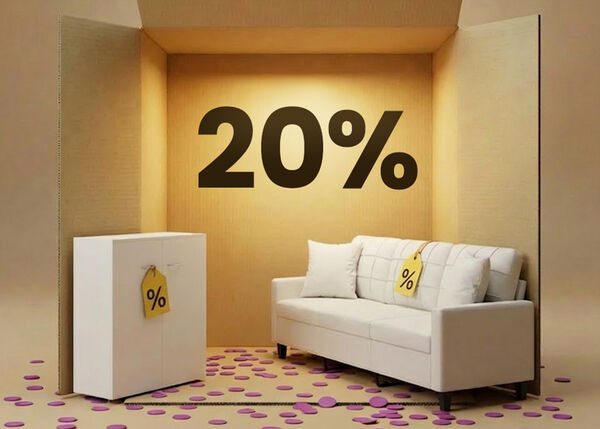 Living room setup with a white sofa and white storage cabinet arranged in a box-style scene, showing a 20% discount on living room furniture.