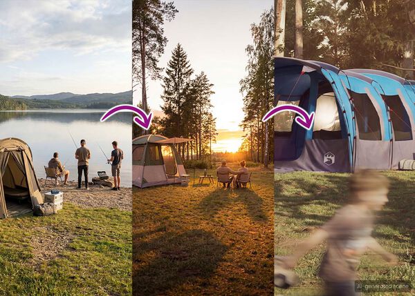 Split-screen banner showing a progression of camping experiences. On the left, three people fish and relax near a small tent on a lakeside at sunset. In the center, two people sit at a table with a larger, blue and grey tent behind them, also at sunset. The right side shows a blurred view of a larger tent-like structure. Arrows indicate a transition between the scenes suggesting an upgrade in outdoor recreation.