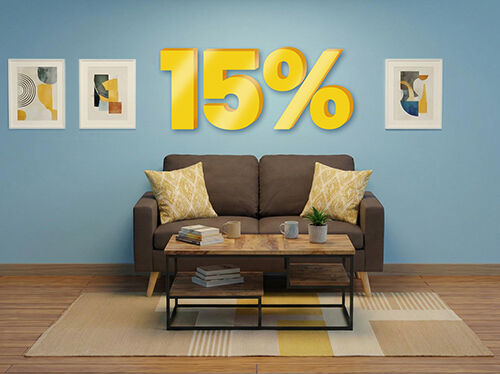 Banner image featuring a "15%" discount in large yellow 3D numbers above a modern living room with a brown sofa, yellow pillows, a wooden coffee table, and three framed pictures on a blue wall. Click to see the products in the collection.
