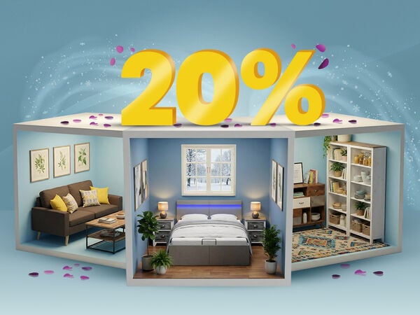 Banner image featuring a "20%" discount in large yellow 3D numbers above three miniature room displays showing a living room, bedroom, and storage area with modern furniture. Click to see the products in the collection.