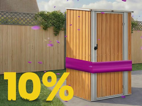 Wooden garden storage shed under a gazebo on a sunny patio, surrounded by flowers and fence, featuring a 10% spring promotion banner.