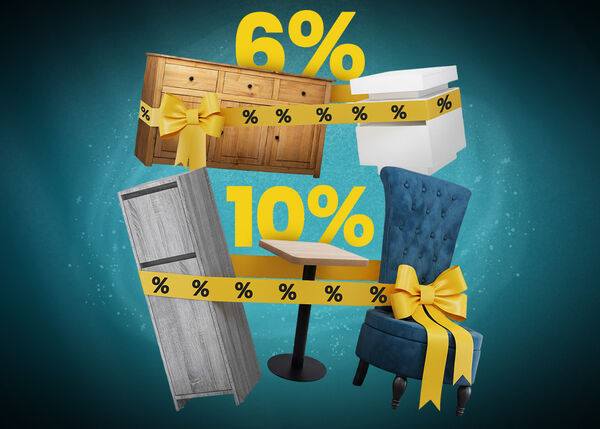 Furniture display with two items marked 6% off and three items marked 10% off, wrapped in yellow discount ribbons.