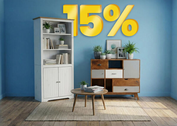 Banner image featuring a "15%" discount in large yellow 3D numbers above a modern room display with a white tall shelving unit, a wooden sideboard, and a small round coffee table on a neutral rug. Click to see the products in the collection.