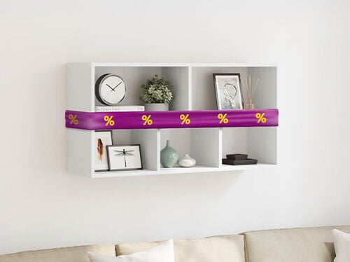 White wall shelf with accessories and purple ribbon showing discount icons, in a styled living room. Click to see the products in the offer.