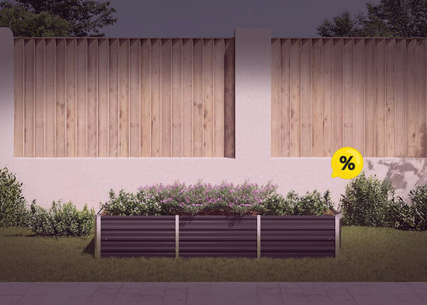 Steel garden raised beds outdoors, with flowers growing and yellow discount icons. Click to see the products in the offer.