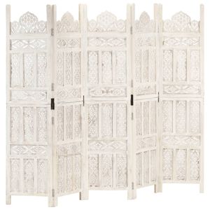 vidaXL Hand carved 5-Panel Room Divider White 200x165 cm Solid Mango Wood