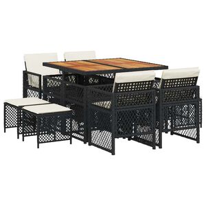 vidaXL 9 Piece Garden Dining Set with Cushions Black Poly Rattan