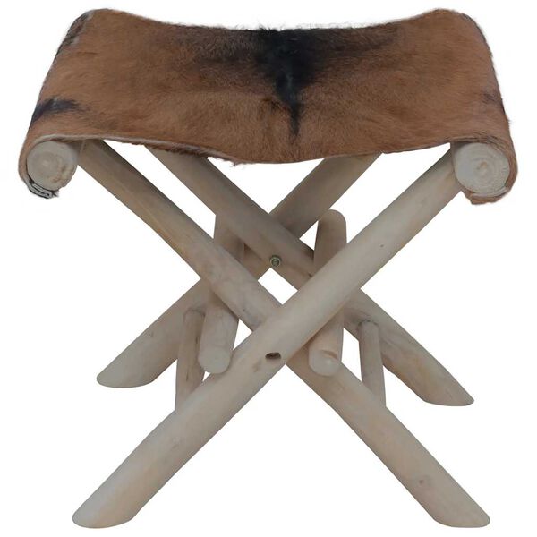 vidaXL Folding Stool Goatskin Leather and Solid Teak Wood