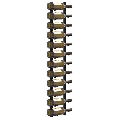 Rack with multiple gold-colored bottle holders and black supports, a wine rack unit