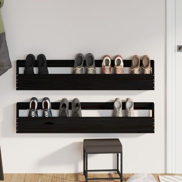 vidaXL Wall-mounted Shoe Racks 2 pcs Black 110x9x23 cm Solid Wood Pine