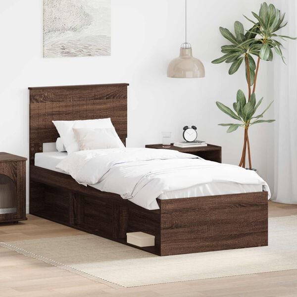 vidaXL Bed Frame with Headboard Brown Oak 75 x 190 cm Solid Pine Wood