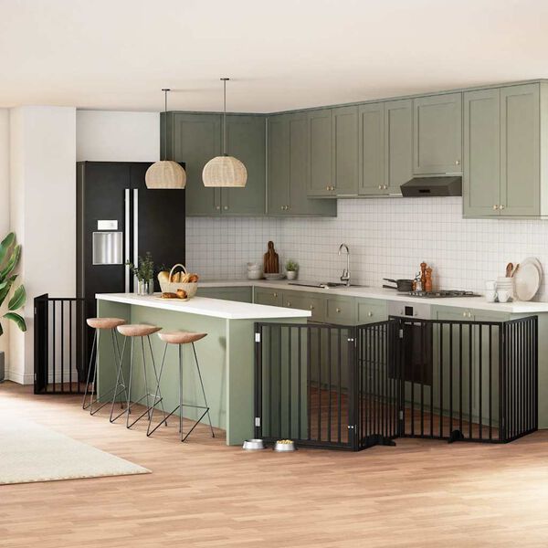 vidaXL Dog Gate with Door Foldable 8 Panels Black 640 cm Poplar Wood