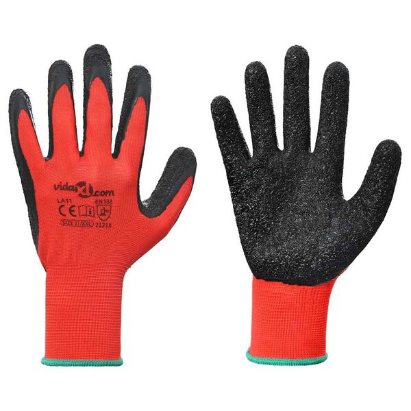 vidaXL Work Gloves 12 pcs Red and Black 11 / XXL Latex Coating