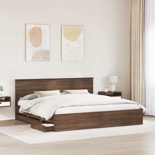 vidaXL Bed Frame with Drawer Brown Oak 200 x 200 cm Engineer Wood