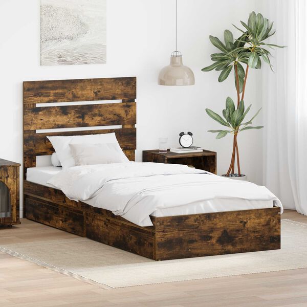 vidaXL Storage Bed with Drawer Smoked Oak 100 x 200 cm Engineered Wood