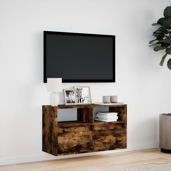 vidaXL TV Wall Cabinet with LED Lights Smoked Oak 80x31x45 cm