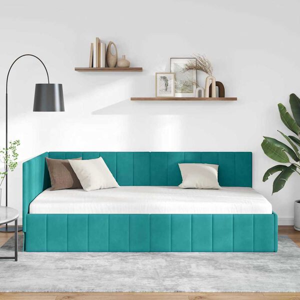 vidaXL Corner Bed Frame with Headboard Turquoise 90 cm x 190 cm Velvet