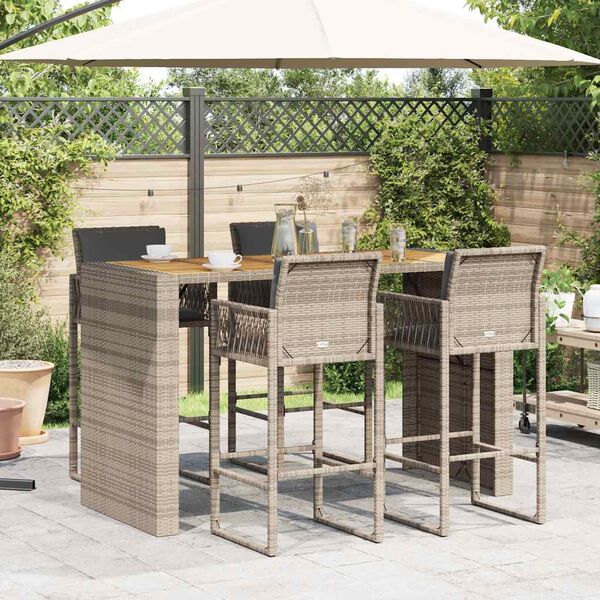 vidaXL 5 Piece Garden Bar Set with Cushions Grey Poly Rattan Acacia